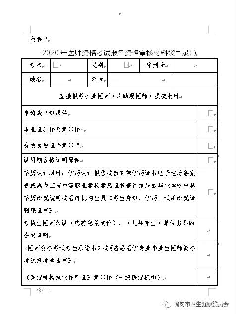 鹤岗市2020年医师资格考试现场审核时间、地点及材料